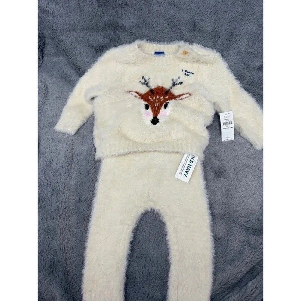 Old Navy Baby Christmas Deer Reindeer Soft Fluffy Sweater Pants Set 3-6 months